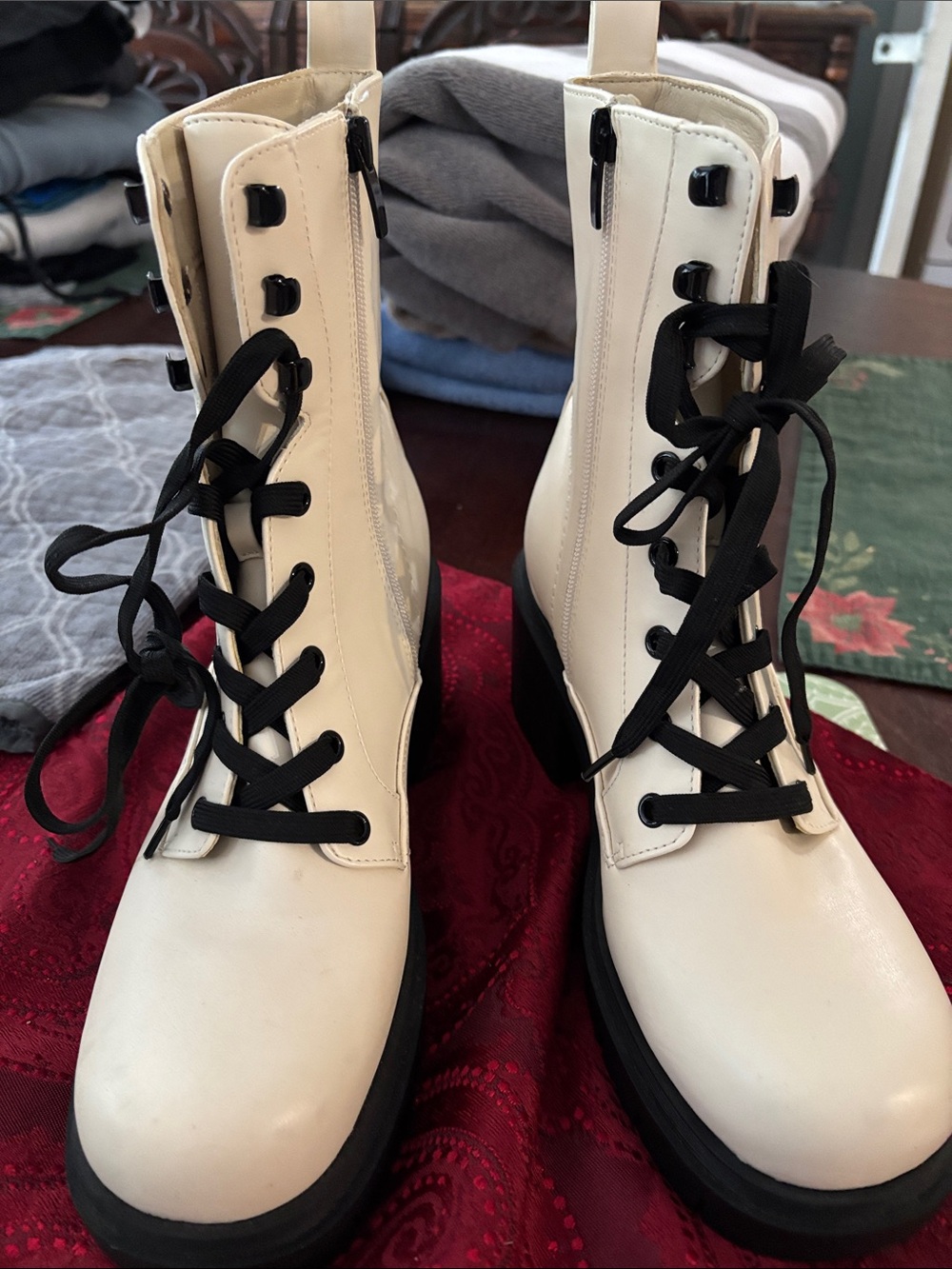 Nine West Women's Cream Lace-Up Combat Boots with Black Laces